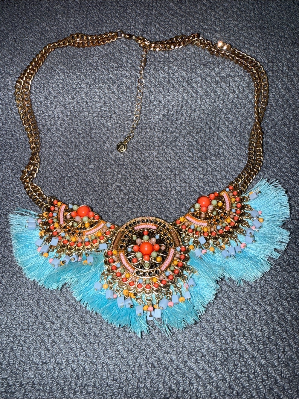 C1946 Gold-Tone Statement Necklace with Turquoise Fringe and Coral Accents